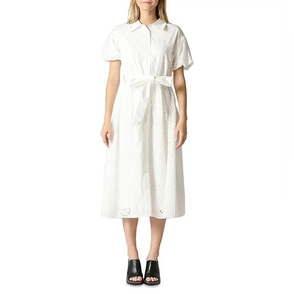 GRACIA 100% Cotton Eyelet Tiered Puff Sleeve Feminine Modest Tie Waist Midi NWT
